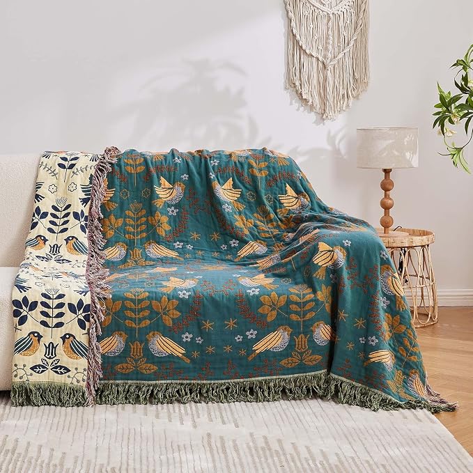 Yellow Boho Throw Blanket, 100% Cotton Blankets - Image 3
