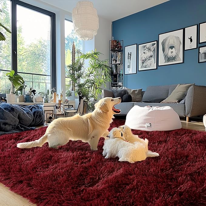 Burgundy Plush Rug for Living Room Fuzzy Carpet for Bedroom Dorm, Non-Slip High - Image 6