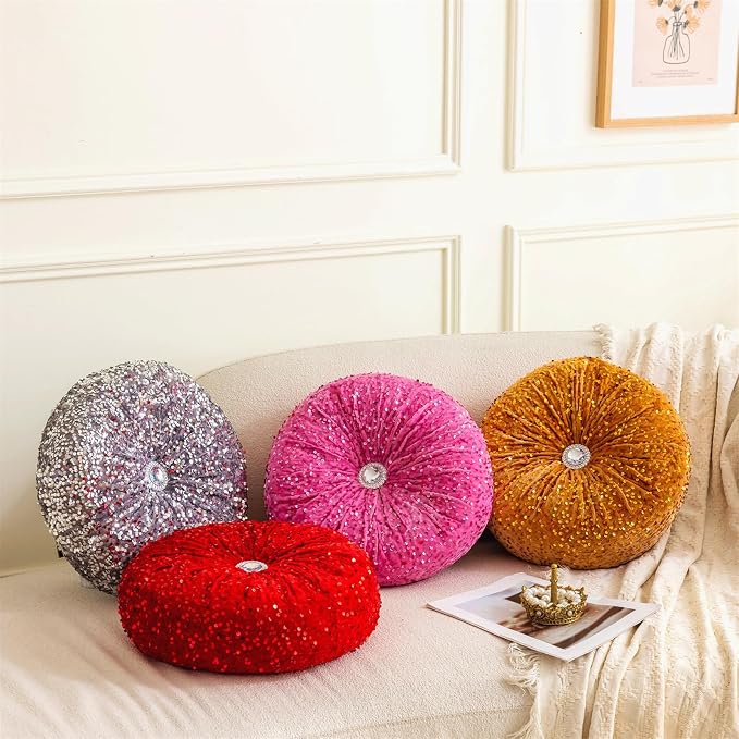 Round Throw Pillow, 13.7" Soft Glitter Sequin Pleated Pumpkin Decorative Round - Image 5