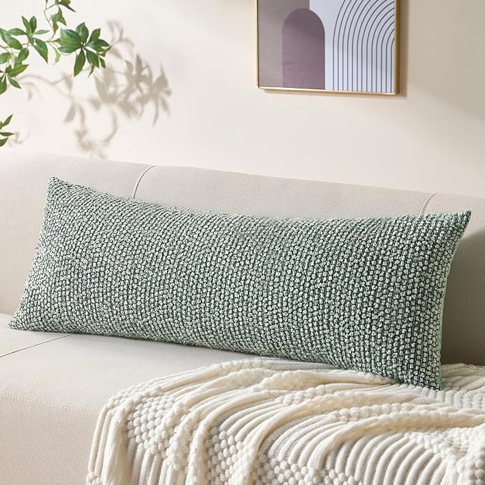 Decorative Lumbar Pillow Cover 14x36 Green Striped Wool Long Body Pillow by Allorry