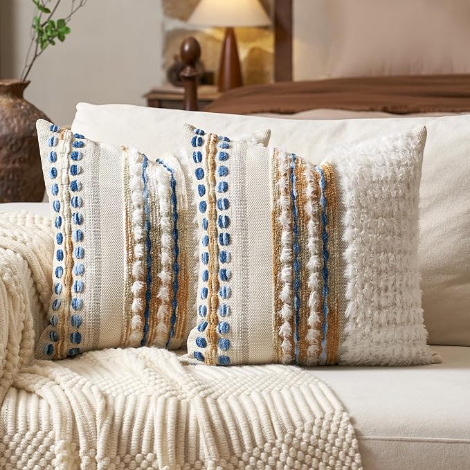 Aeckself Boho Chenille Tufted Throw Pillow Covers 18x18 Inch Set of 2, by AECKSELF
