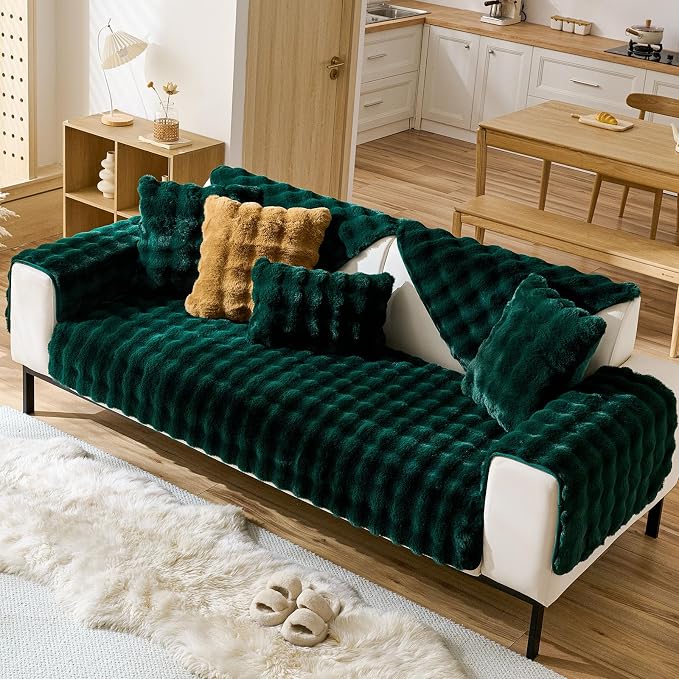 Christmas Faux Fur Couch Cover Fuzzy Soft Plush Thick Bubble Sofa Cover Luxury - Image 3