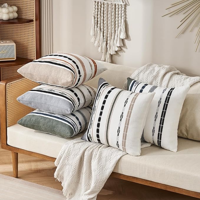 Boho Throw Pillow Covers 18 x 18 Chenille Pillow Covers Striped Square Elegant - Image 7