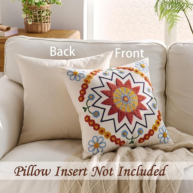 Embroidered Throw Pillow Cover 22x22 Classic Boho Floral Pattern Pillows Cover - Image 4