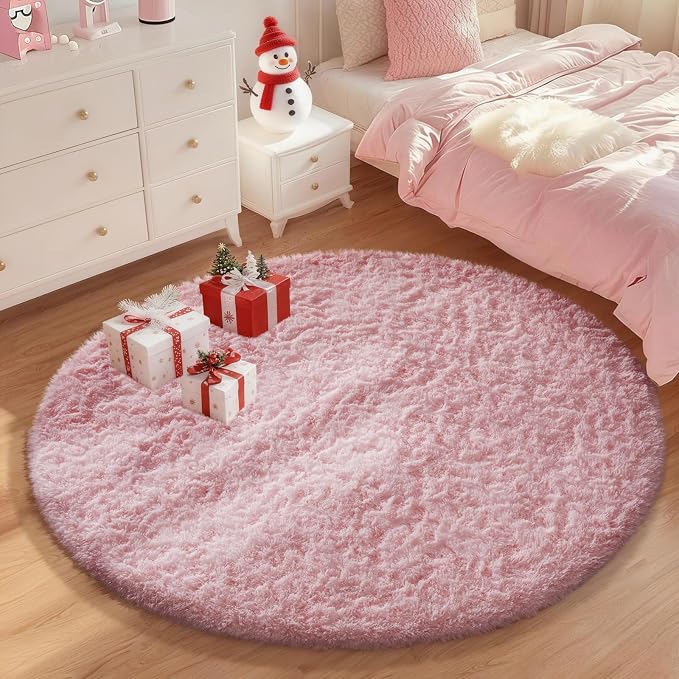 Ophanie Round Rugs 5Ft Pink Circle Area Rug, Fluffy Fuzzy Bedroom Carpet - Image 3
