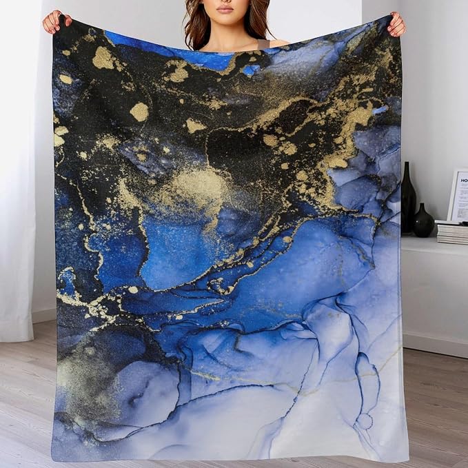 Modern Marble Blanket, Abstract Luxury Baroque Golden Dark Blue Stone Veins - Image 5