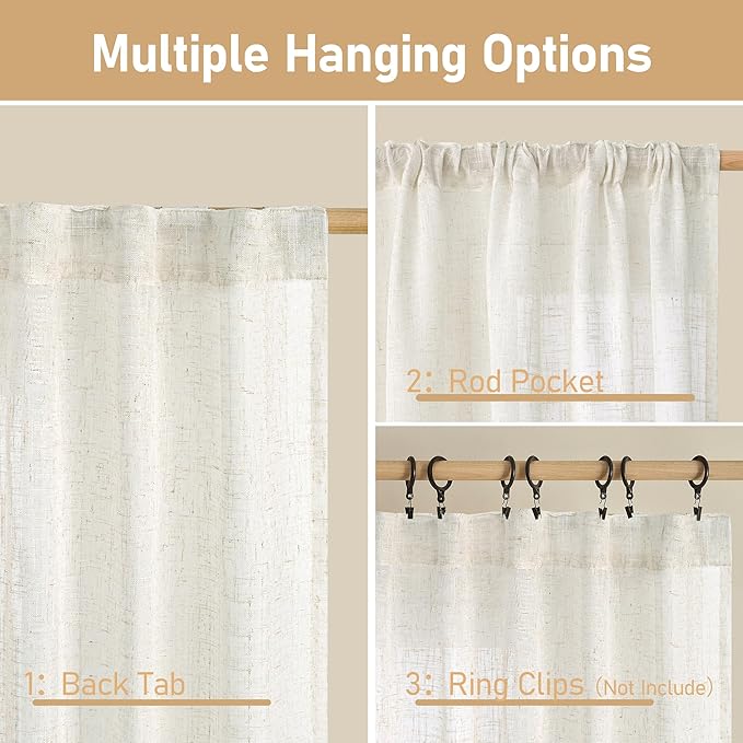 LAMIT Cream Linen Curtains 24 Inch Length, Semi Sheer Light Filtering Window - Image 3