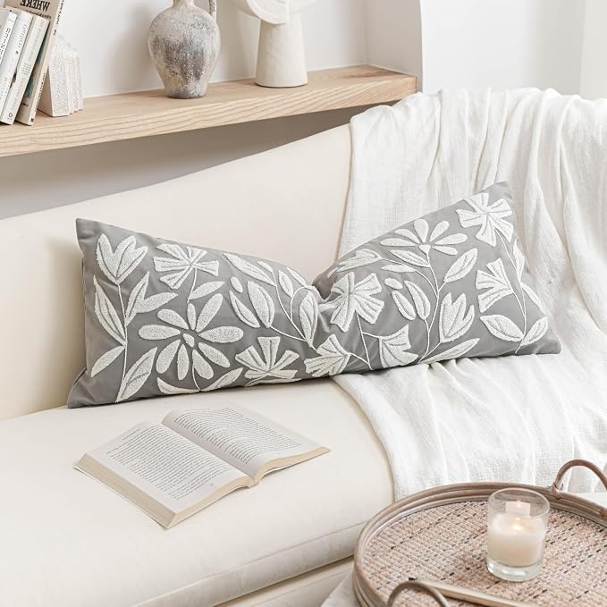 BlissBlush Grey Velvet Decorative Long Lumbar Pillow Cover 14x36, Light Gray by BlissBlush