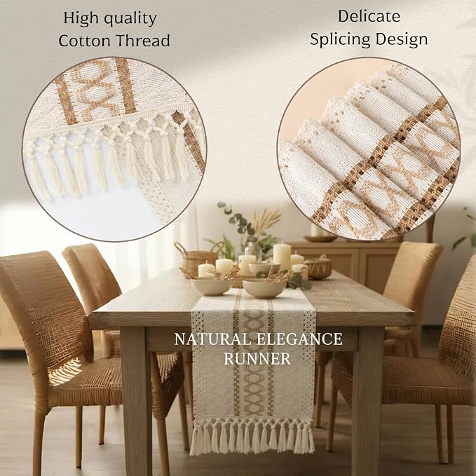 Boho Table Runner with Tassels, Woven Cream & Brown Macrame Runner Pottery Barn - Image 5