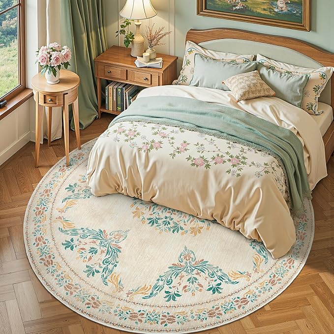 jinchan Round Rug 7ft Area Rug Vintage Floral Distressed Design Machine - Image 2