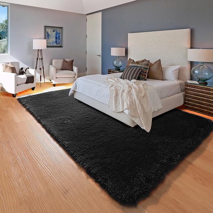 ONASAR Black Area Rugs for Living Room Bedroom, 5x8 Fluffy Shaggy Rug, Washable - Image 5