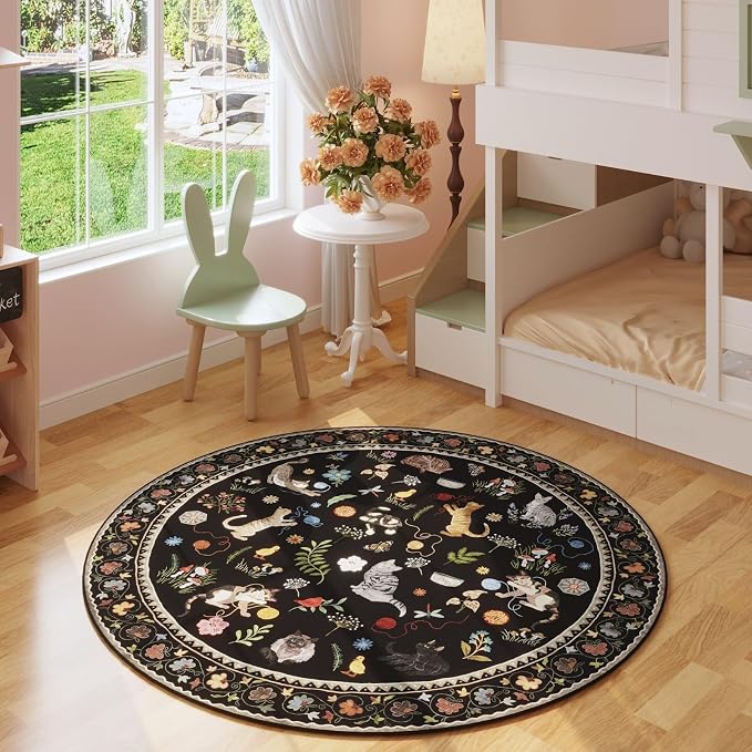 Rugcomf Round Rug 6ft Washable Circle Rug Non Slip Low Pile Boho Floral Animal - Image 2