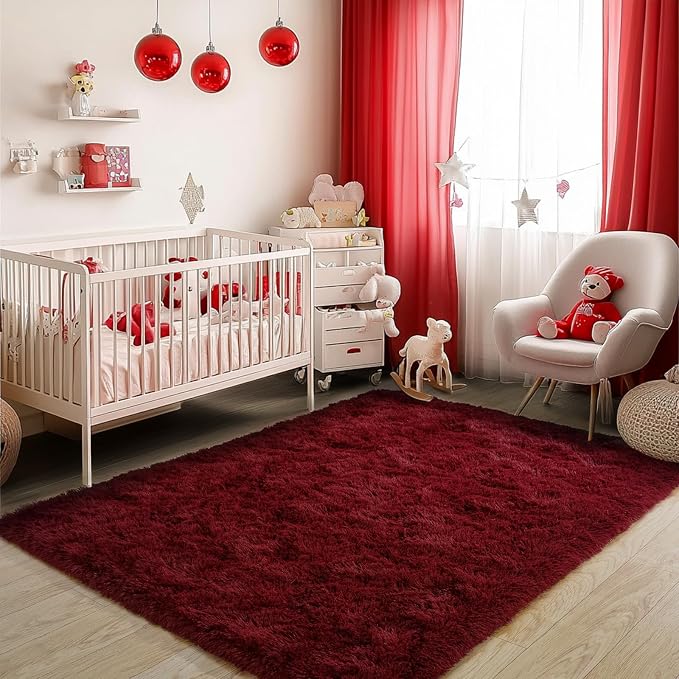 Burgundy Plush Rug for Living Room Fuzzy Carpet for Bedroom Dorm, Non-Slip High - Image 4