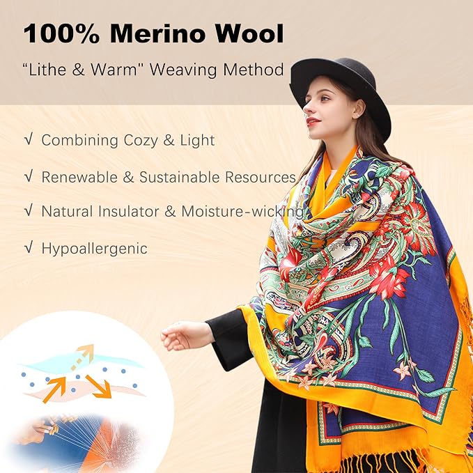 DANA XU 100% Merino Wool Extra Large Pashmina Blanket Travel Scarf Cashmere Wrap - Image 4