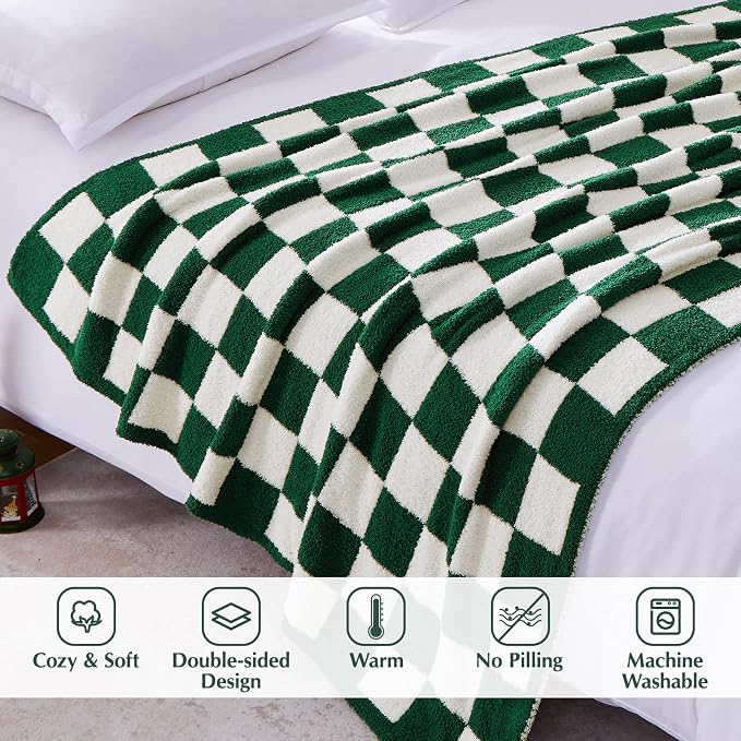 WRENSONGE Checkered Throw Blanket, Avocado Green Soft Cozy Fluffy Warm Hand - Image 3