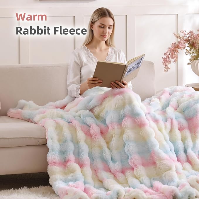 Smoofy Faux Fur Throw Blanket for Couch – Rainbow Fluffy Cozy Rabbit Fleece - Image 5