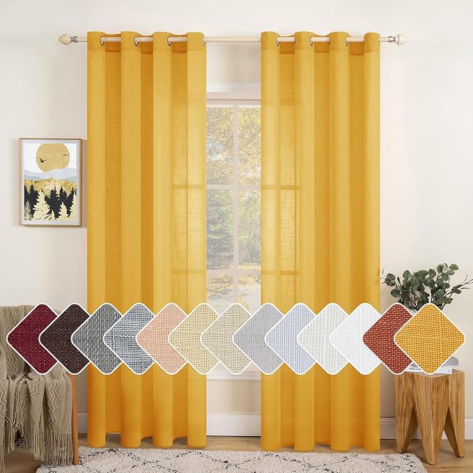 MIULEE 2 Panels Natural Linen Sheer Window Curtains Elegant Mustard Yellow Fall by MIULEE