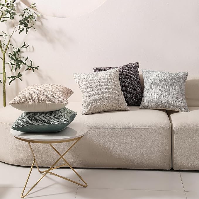 Striped Throw Pillow Covers 16x16 Set of 2 Beige Textured Boucle Chic Morden - Image 8