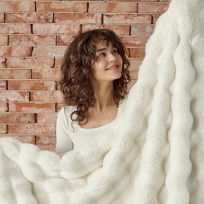 Lotus Karen Faux Fur Throw Blanket Cream White - Image 8