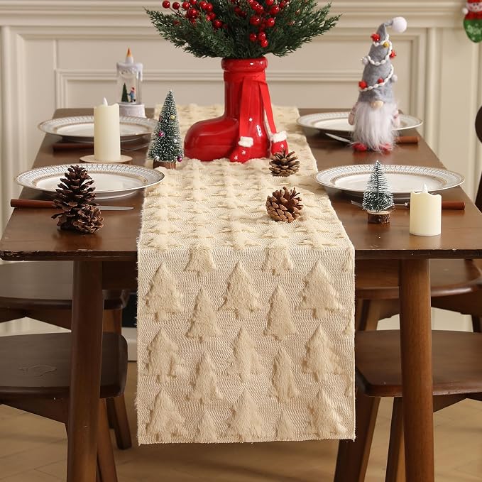 Christmas Tbale Runner 13x120 Inch Soft Plush Faux Fur Jacquard Beige Big Small - Image 2