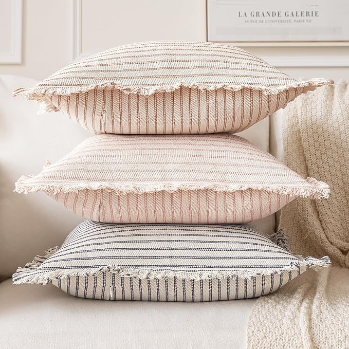 MIULEE Pack of 2 Pink Pillow Covers 24x24 Inch Striped Farmhouse Couch Throw - Image 9