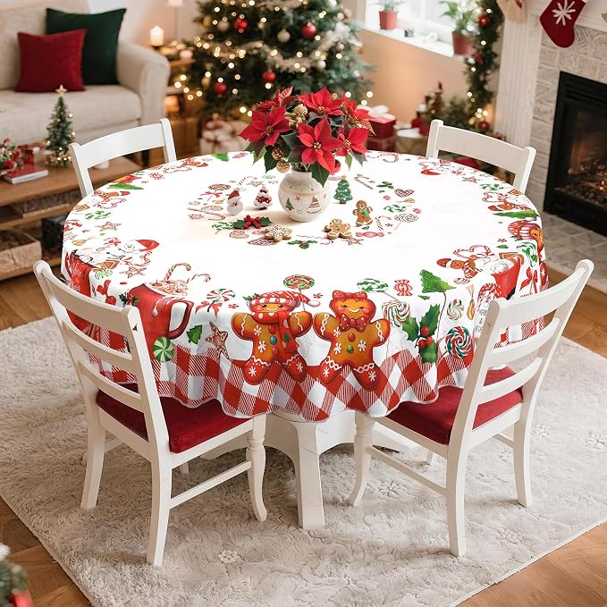 Christmas Gingerbread Tablecloth Waterproof, Candy Cane Table Cloth Round - Image 4
