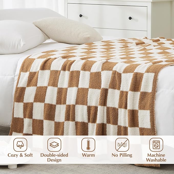 WRENSONGE Fall Checkered Throw Blanket, Burnt Orange Soft Cozy Fluffy Warm Hand - Image 4