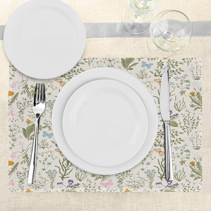 Ambesonne Floral Place Mats Set of 4, Vintage Garden Plants Herbs Flowers - Image 3