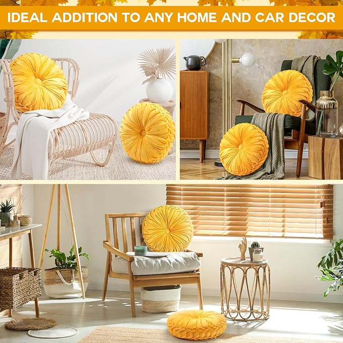 2 Pcs Round Throw Pillows 15 Inch Decorative Velvet Pleated Pumpkin Floor Boho - Image 6