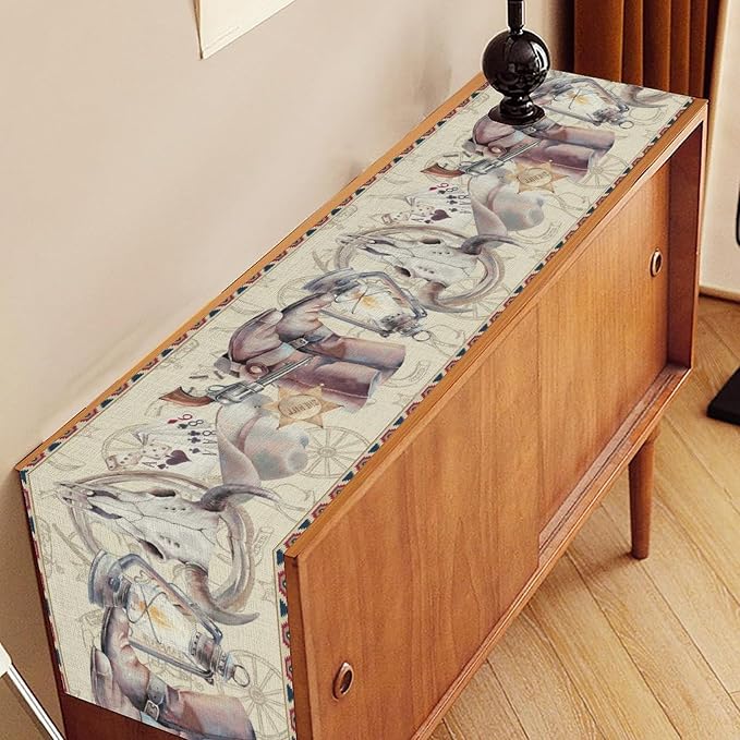 Western Cowboy Table Runner, Watercolor Rustic Country Cowboy American Wild - Image 3