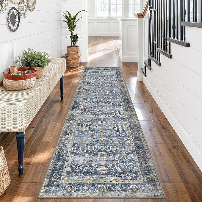 KUTA Vintage Washable Runner Rug, 2x7 Blue Grey Beige Runners - Image 3