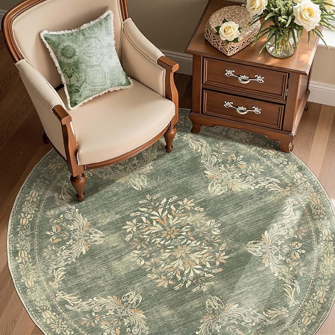 jinchan Round Rug 5ft Area Rugs Vintage Floral Distressed Design Machine - Image 3
