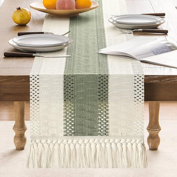 ZeeMart Macrame Style Bicolor Stitching Table Runner, 14 x 90 Inch Green/Ivory - Image 2
