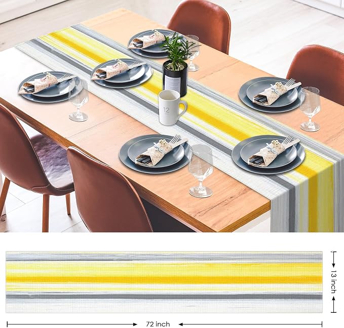 Emvency Yellow Abstract Table Runner, Modern Grey White Striped Dining Decor - Image 2