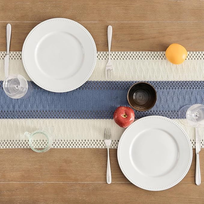 ZeeMart Macrame Style Bicolor Stitching Table Runner, 14 x 108 Inch Blue/Ivory - Image 4