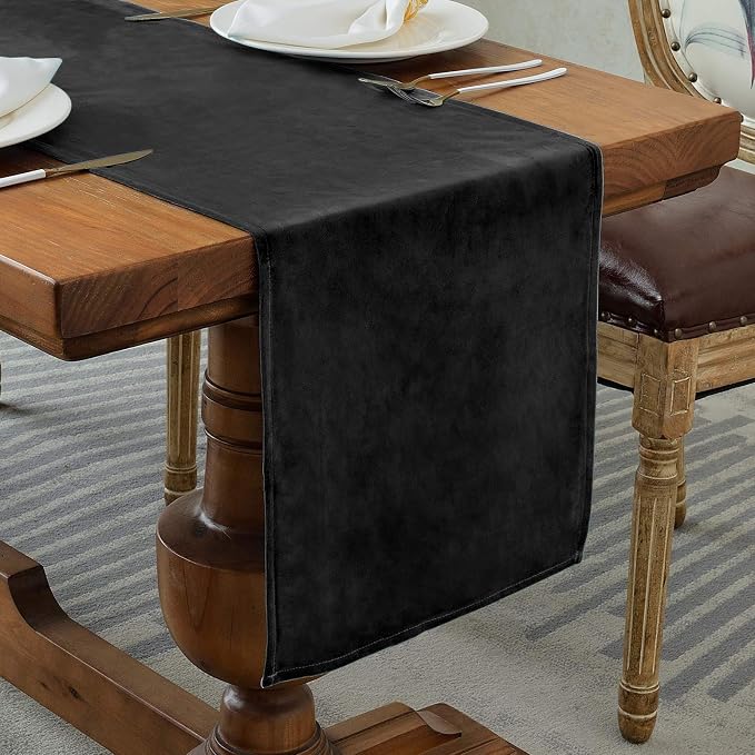 BALCONY & FALCON Velvet Table Runner 14"x95" Black Luxury Machine Washable by BALCONYFALCON
