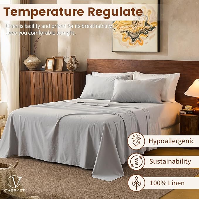 100% Linen Sheets California King Size, Breathable & Durable 4-Piece Bed Flax - Image 5