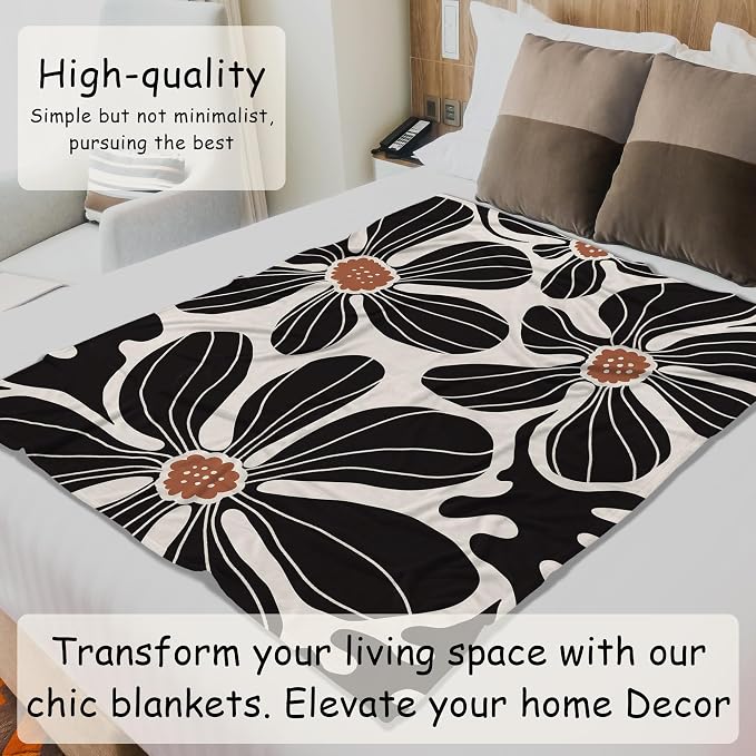 HIWX Boho Abstract Floral Blanket, Modern Abstract Boho Black Flower Throw - Image 4