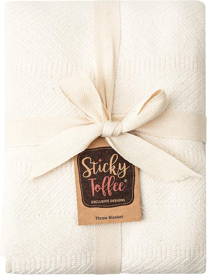 Sticky Toffee Cotton Throw Blanket, 60 x 50 Inch, Ivory Cream Herringbone Weave - Image 5