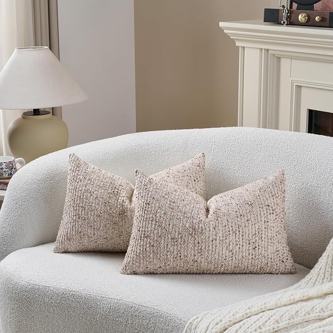 Striped Throw Pillow Covers 12x20 Set of 2 Beige Textured Boucle Chic Morden - Image 4