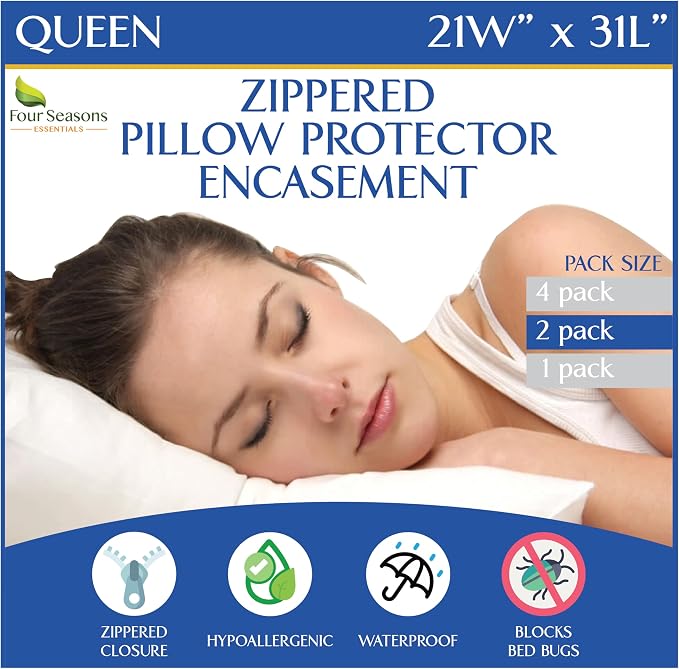 Queen Size Waterproof Pillow Protectors – Zippered Hypoallergenic Pillowcase by FourSeasonsEssentials