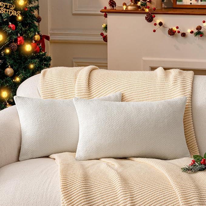 a moment Ivory Chenille Throw Pillow Covers 12x20 Inch Pack of 2 Modern by amoment
