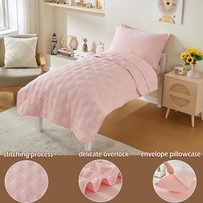 4 Piece Toddler Bedding Set for Girls Pink Geometric Stitched Soft Microfiber - Image 2