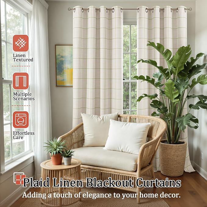 Sage Green Plaid Patterned Curtains Thermal Insulated - Image 2