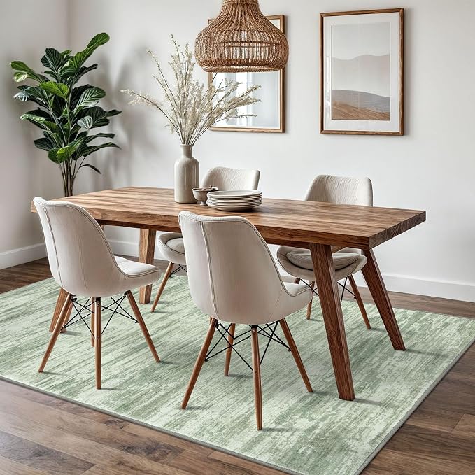 5x7 Modern Abstract Area Rug for Bedroom, Light Sage Green and Ivory Large - Image 2