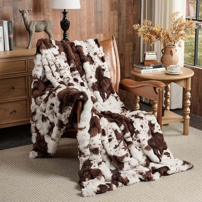 Lotus Karen Faux Fur Throw Blanket Cow Print-Dark Brown, Fluffy Fuzzy Plush - Image 3