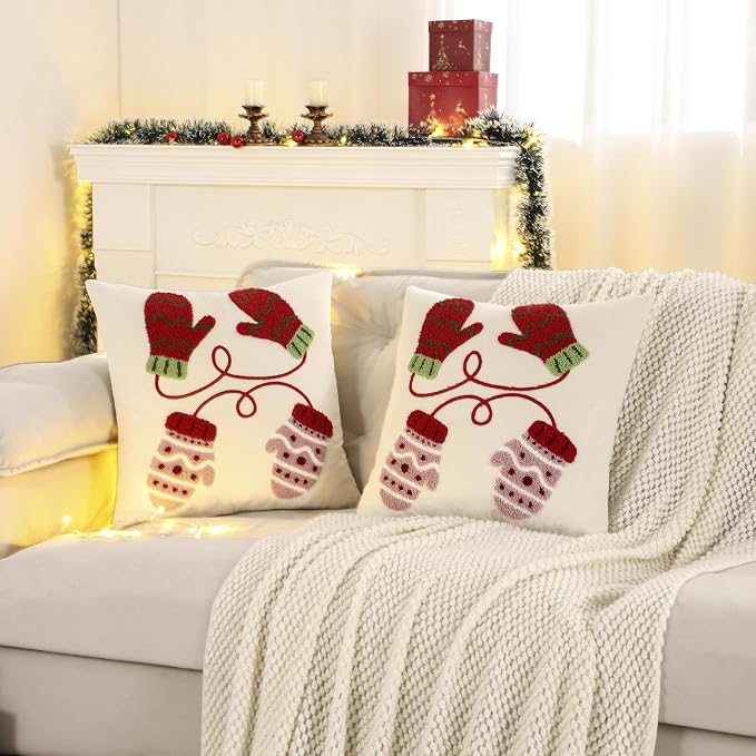 LUOYEHK Christmas Pillow Covers 18x18 Set of 2 Cute Gloves Decorative Beige - Image 2