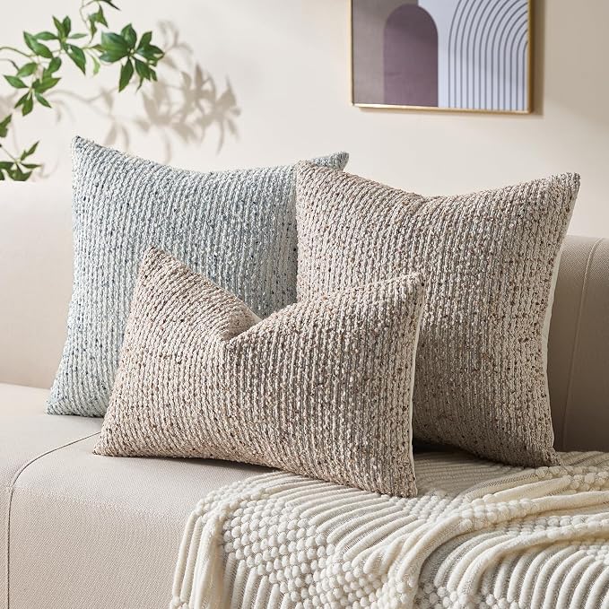 Decorative Couch Throw Pillow Covers 12x20 Set of 2 Beige Striped Soft Wool - Image 4