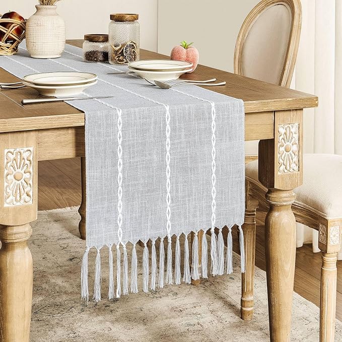 ZeeMart Farmhouse Braided Striped Table Runner, Rustic Grey Table Runners 108 - Image 2