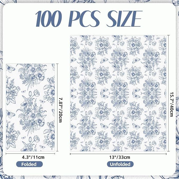 100 PCS Blue Floral Paper Napkins, Disposable Blue & White Flowers Bathroom - Image 2
